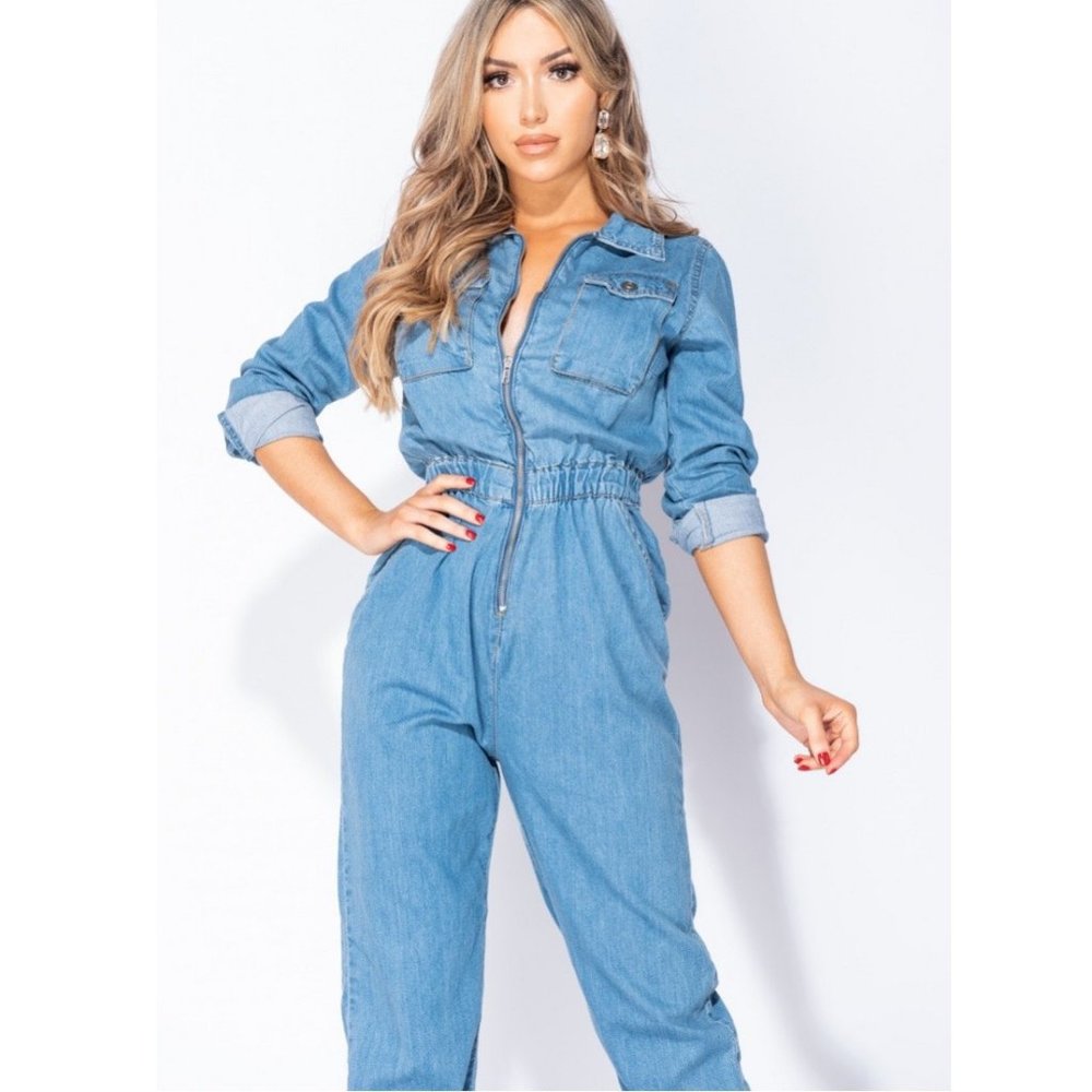 Long Sleeve Loose Denim Utility Boiler Jumpsuit - Picture 2 of 8